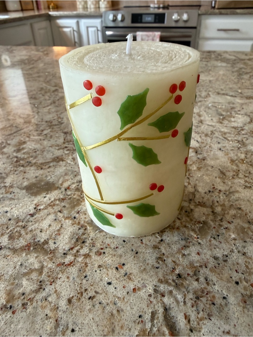 MacKenzie-Childs Cream Pillar Candle with Green and Gold Accents